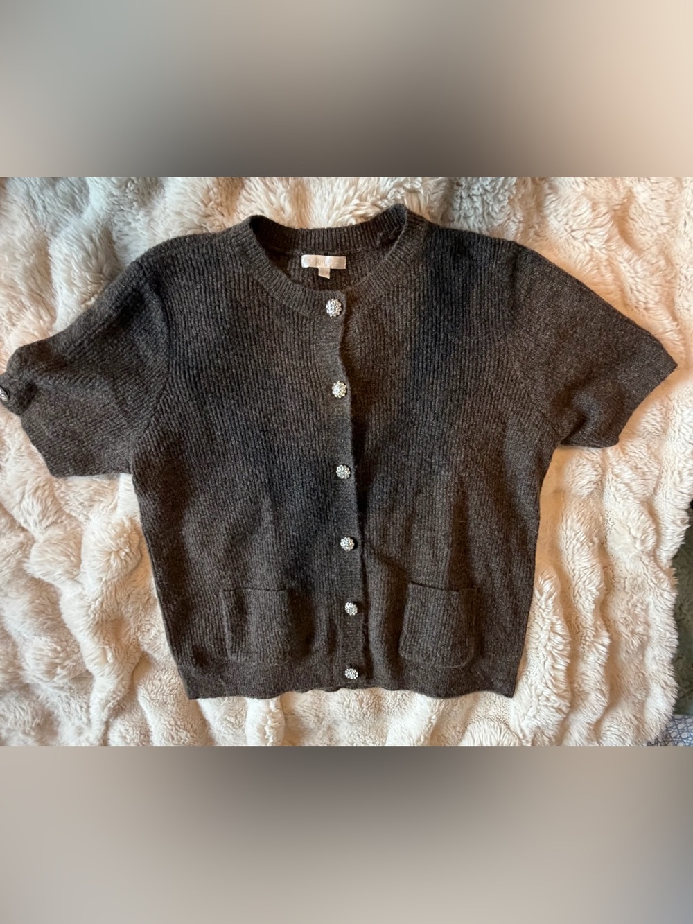 Design History 2X Brown Jeweled Button Short Sleeve Cardigan Sweater